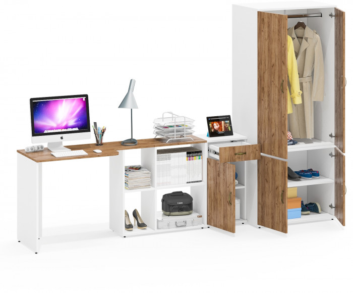 Лидер-8 Стол + Тумба МД 3.15 + Шкаф МД 19Б, цвет белый шагрень/крафт золото, ШхГхВ 285х50/50х75/190 или 115х200/50х75/190 см., НЕ ун. сборка