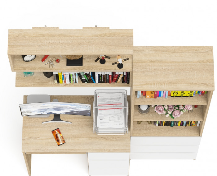 Мори Стол компьютерный МС-1 правый + Стеллаж МСТ600.3 + Полка 900, цвет дуб сонома/белый, ШхГхВ 150,4х50х209,6 см., НЕ универсальная сборка