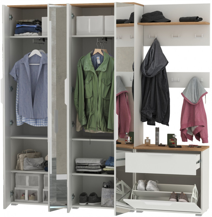 Октава Прихожая 27, белый шагрень/дуб крафт золотой/фасады МДФ белый шагрень