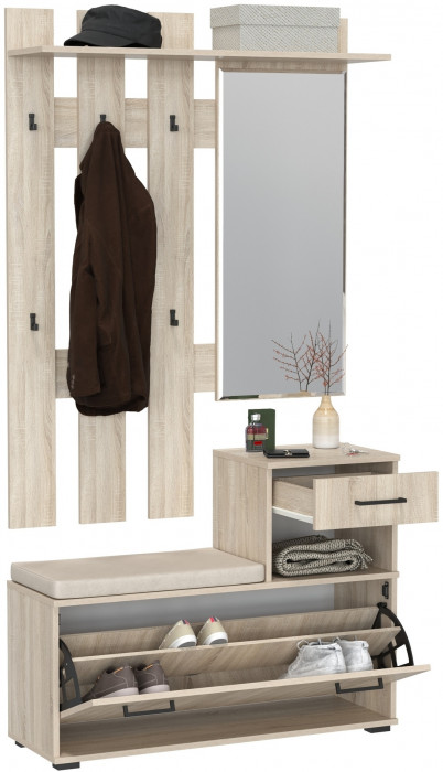 Лира ГК Прихожая 1 2-0714+2-3814 Тумба под обувь + Вешалка с зеркалом, дуб сонома