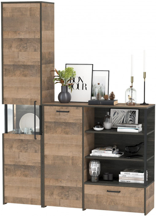 Трувор 13.205 Шкаф-пенал с витриной + 13.307.01 Комод, цвет дуб гранж песочный/интра, ШхГхВ 153,8х37х210 см., универсальная сборка