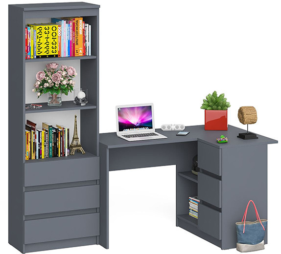 Мори компьютерный стол МС-16 правый + Стеллаж МСТ600.3, графит