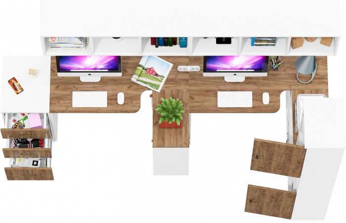 Лидер-8 Стол + Полка + Стол + Полка + Пенал + Тумба МД 3.16, цвет белый шагрень/крафт золото, 410х50/30х75/190 или 270х120/50х75/190 см., НЕ ун. сб.