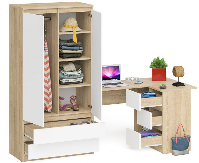 Мори Стол компьютерный МС-16 правый + Шкаф МШ900.1, цвет дуб сонома/белый, ШхГхВ 214,8х84,9х179,6 см., выдвижные ящики справа, НЕ универсальная сборка