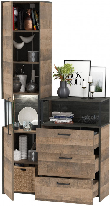 Трувор 13.205 Шкаф-пенал с витриной + 13.307.02 Комод с ящиками, цвет дуб гранж песочный/интра, ШхГхВ 110,8х37х210 см., универсальная сборка