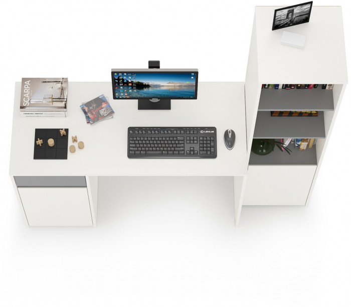 Торонто 12.149 Стол + 13.13 Шкаф комбинированный, белый шагрень/стальной серый