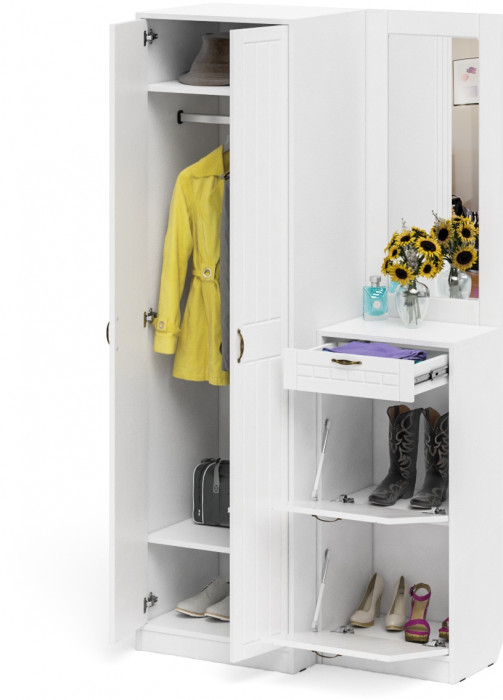 Прихожая П-6 Компоновка № 17, цвет белая шагрень/фасады МДФ белое дерево фрезеровка прованс, ШхГхВ 110х50х210 см., универсальная сборка