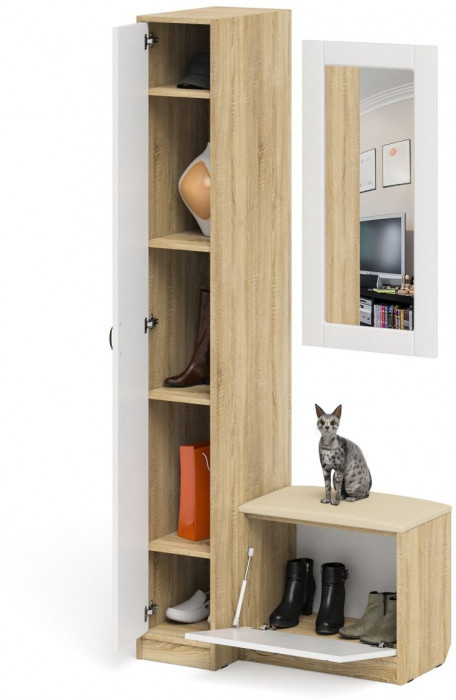 Прихожая П-6 Компоновка № 40, цвет дуб сонома/фасады МДФ белое дерево фрезеровка прованс, ШхГхВ 90х50х210 см., универсальная сборка