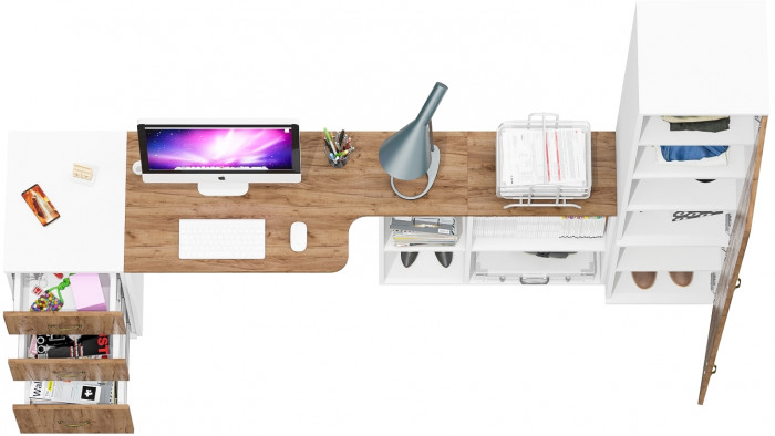 Лидер-8 Стол + Тумба МД 3.16 + Пенал МД 22Б, цвет белый шагрень/крафт золото, ШхГхВ 245х50/37,5х75/190 или 155х120/50х75/190 см., НЕ ун. сборка
