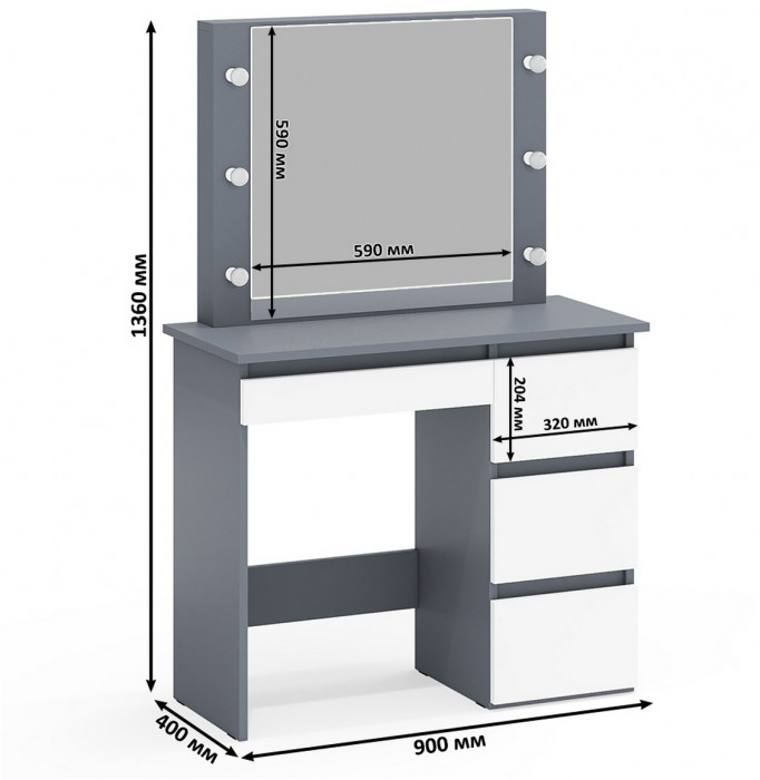 Ксения Кровать с ящиками 0900 + прикроватный блок + Столик с подсветкой Сура, графит/белый