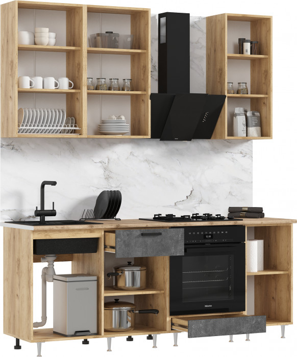 Кухня Рио NEW ЛДСП 2,0/900м (490) Компановка №2 Бетон светлый/Бетон темный, Дуб Крафт