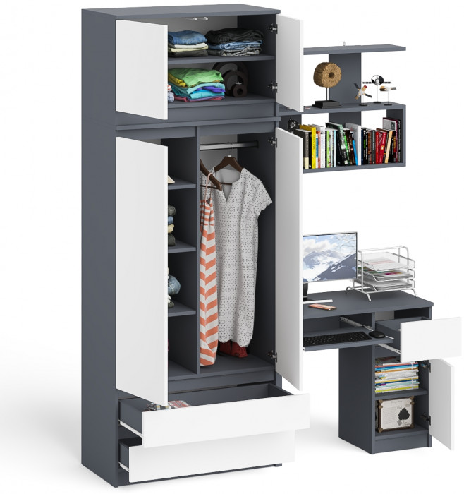 Мори компьютерный стол МС-1 правый + Шкаф МШ900.1 + Антресоль МА900.1 + Полка 900, графит/белый