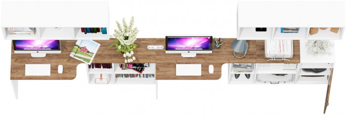 Лидер-8 Стол + Полка + Стол + Полка + Тумба МД 3.19, цвет белый шагрень/крафт золото, ШхГхВ 370х50/30х75 см. или 230х50/120х75 см., НЕ универс. сборка