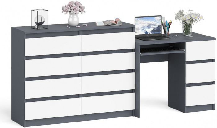 Мори Стол компьютерный МС-6 правый + Комод МК1200.8, цвет графит/белый, ШхГхВ 210,4х50х94 см., выдвижные ящики справа, НЕ универсальная сборка