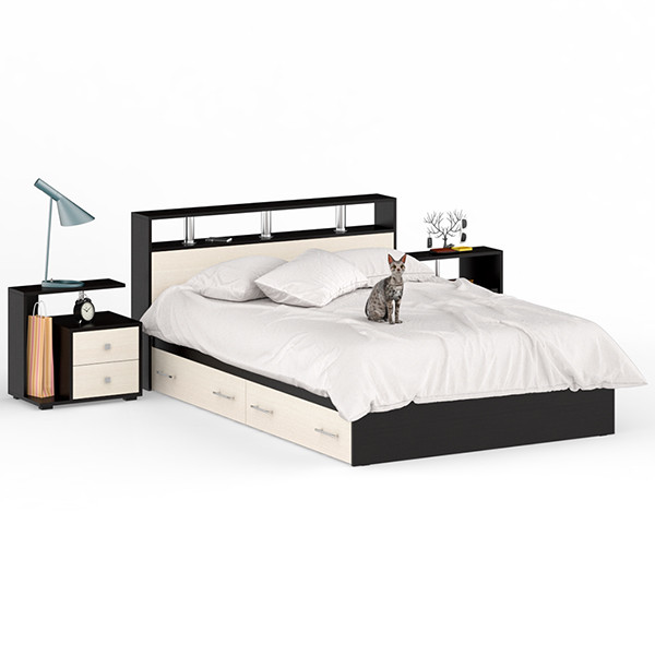 Камелия Кровать с ящиками 1400 + две тумбы, венге/дуб лоредо