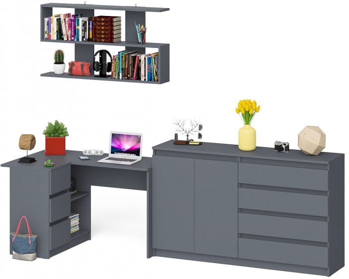 Мори компьютерный стол МС-16 левый + Комод МК1600.1 + Полка 1200, графит