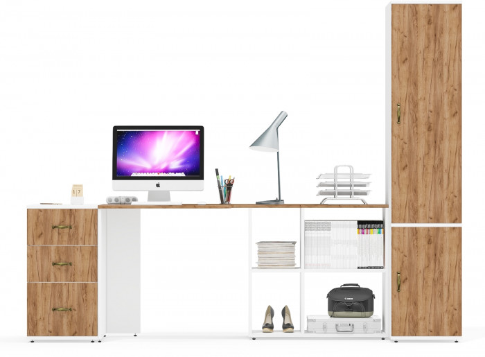 Лидер-8 Стол + Тумба МД 3.16 + Пенал МД 23Б, цвет белый шагрень/крафт золото, ШхГхВ 245х50х75/190 или 115х160/50х75/190 см., НЕ ун. сборка