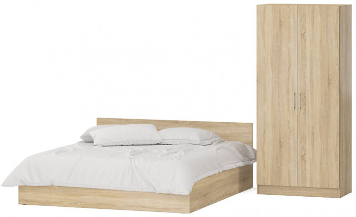 Кровать 1800 + Шкаф 2-х створчатый Стандарт, цвет дуб сонома, ШхГхВ 183,5х203,5х70 + 90х52х200 см., сп.м. 1800х2000 мм., без матраса, основание есть
