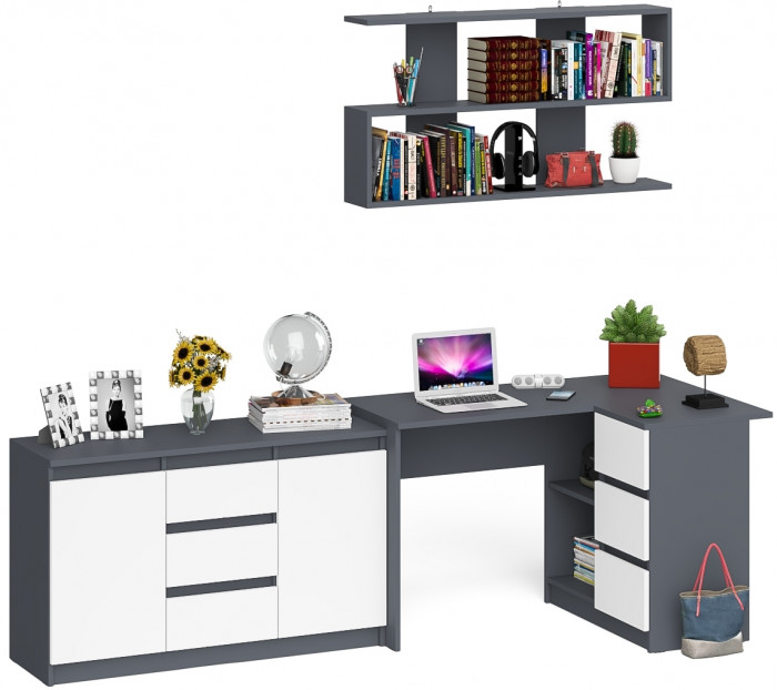 Мори компьютерный стол МС-16 правый + Комод МК1200.3 + Полка 1200, графит/белый