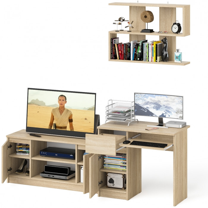 Мори Стол компьютерный МС-1 левый + Тумба МТВ1200.1 + Полка 900, цвет дуб сонома, ШхГхВ 210,4х50х209,6 см., НЕ универсальная сборка