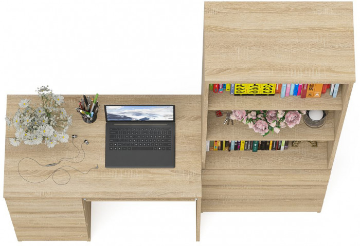 Мори компьютерный стол МС-6 левый + Стеллаж МСТ600.3, дуб сонома