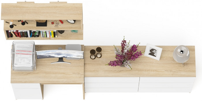 Мори компьютерный стол МС-1 левый + Комод МК1380.6 + Полка 900, дуб сонома/белый