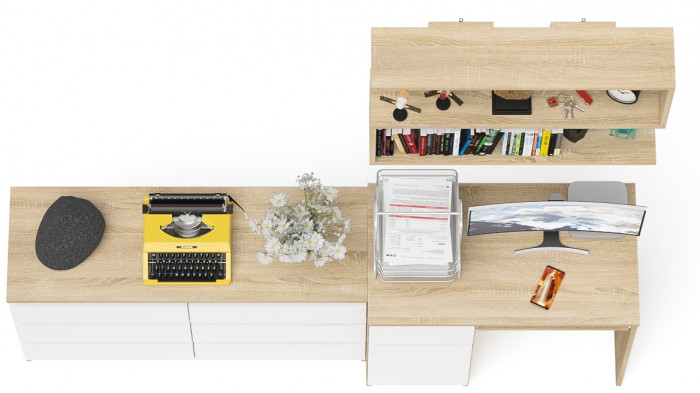 Мори Стол компьютерный МС-1 левый + Комод МК1200.6 + Полка 900, цвет дуб сонома/белый, ШхГхВ 210,4х50х209,6 см., НЕ универсальная сборка