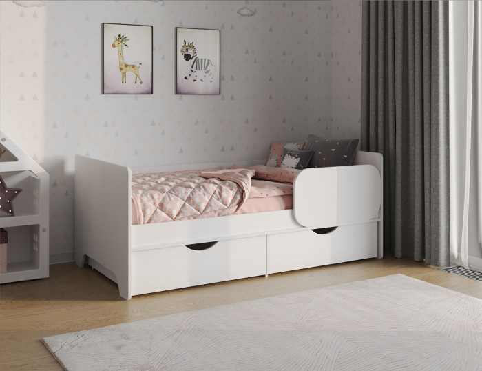 КР100 Уна 11.22 Кровать с ящиками, цвет белый(структура Поры дерева), ШхГхВ 163,8х87,6х65,3 см., 800х1600 мм., б/м, осн. есть, съёмный бортик