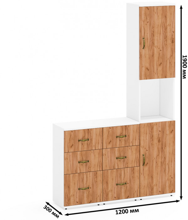 Лидер-8 Пенал + Тумба МД 3.16 + Тумба МД 3.16, цвет белый шагрень/крафт золото, ШхГхВ 120х50х190 см., универсальная сборка