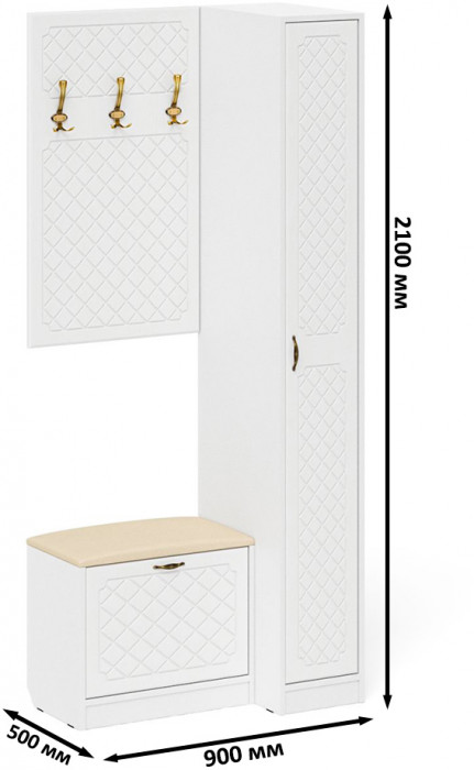 Прихожая П-6 Компоновка № 41, цвет белая шагрень/фасады МДФ белое дерево фрезеровка ромб, ШхГхВ 90х50х210 см., универсальная сборка