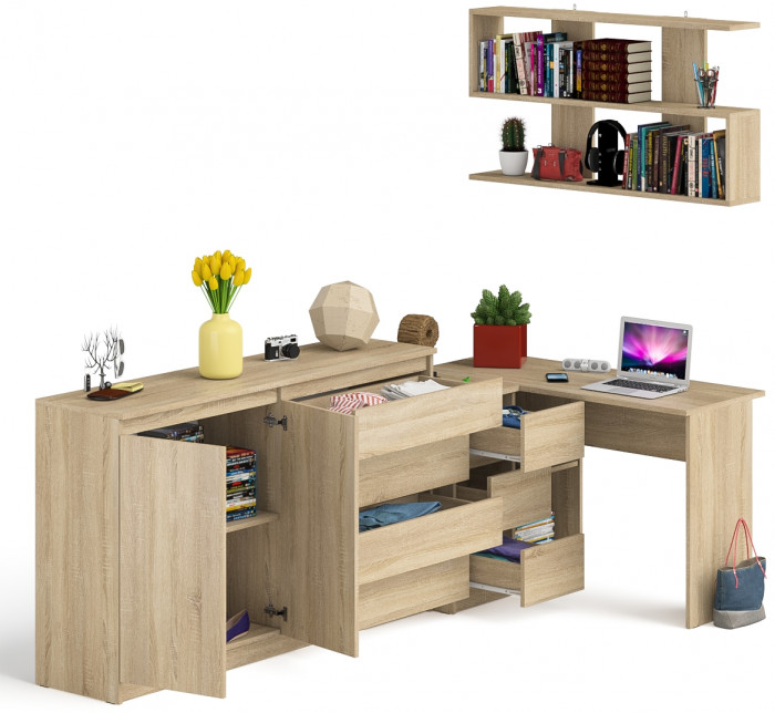 Мори компьютерный стол МС-16 левый + Комод МК1600.1 + Полка 1200, дуб сонома