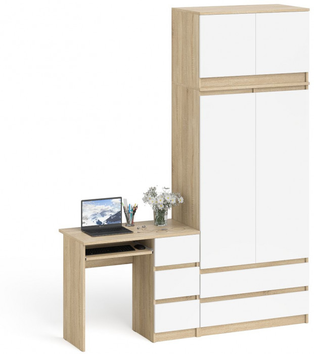 Мори компьютерный стол МС-6 правый + Шкаф МШ900.1 + Антресоль МА900.1, дуб сонома/белый