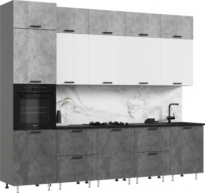 Кухня Рио NEW ЛДСП 3,0м/1080м (490) Компановка №3, Бетон светлый/Бетон темный/Белый глянец, Графит