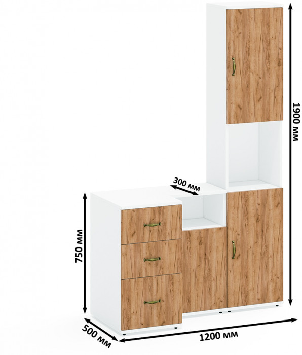 Лидер-8 Пенал + Тумба МД 3.16 + Тумба МД 3.19, цвет белый шагрень/крафт золото, ШхГхВ 120х50х190 см., универсальная сборка