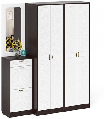 Прихожая П-6 Компоновка № 14, цвет венге/фасады МДФ белое дерево фрезеровка ромб, ШхГхВ 170х50х210 см., универсальная сборка