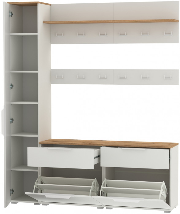 Октава Прихожая 34, цвет белый шагрень/дуб крафт золотой/фасады МДФ белый шагрень, ШхГхВ 162х35,4х197,6 см., универсальная сборка