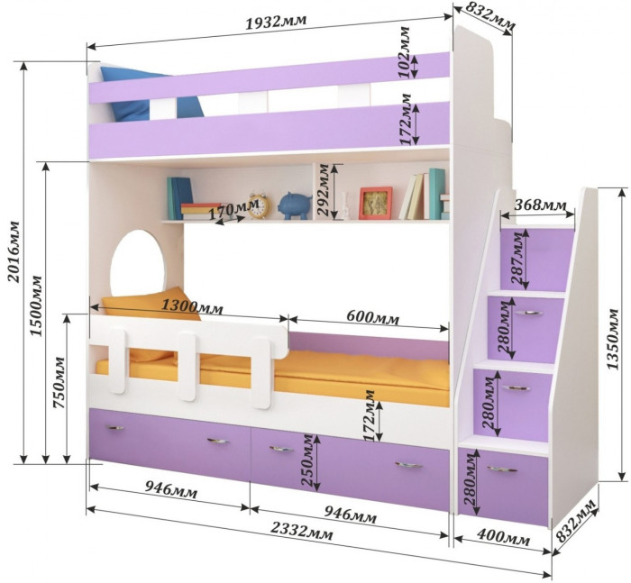 Двухъярусная кровать Юниор 1 + бортик Юниор (Винтерберг/Ирис)