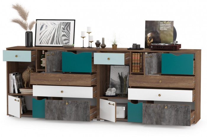 Вайс Комод 10.104 + Комод 10.104, цвет морское дерево винтаж/камень тёмный/бензин/мята/белый премиум, ШхГхВ 242,4х39,9х88,8 см., НЕ универс. сборка