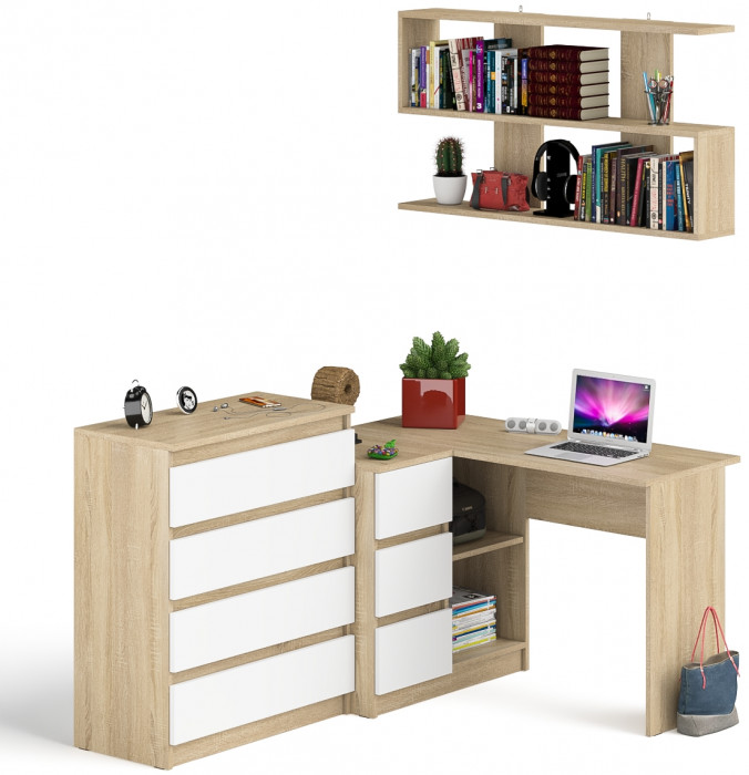 Мори компьютерный стол МС-16 левый + Комод МК800.4 + Полка 1200, дуб сонома/белый
