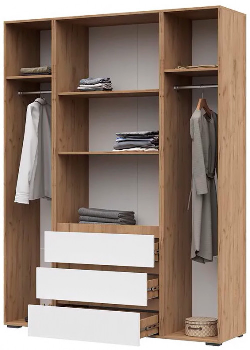 Хелен ШК 05 Шкаф 4х створчатый с ящиками (1600х2080х460) белый/дуб крафт золото