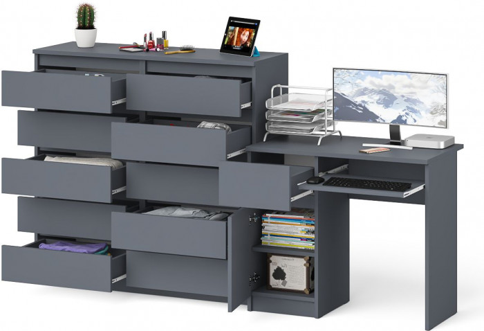 Мори Стол компьютерный МС-1 левый + Комод МК1200.10, цвет графит, ШхГхВ 210,4х50х115 см., выдвижной ящик слева, НЕ универсальная сборка