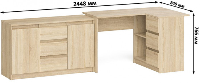 Мори компьютерный стол МС-16 правый + Комод МК1200.3, дуб сонома