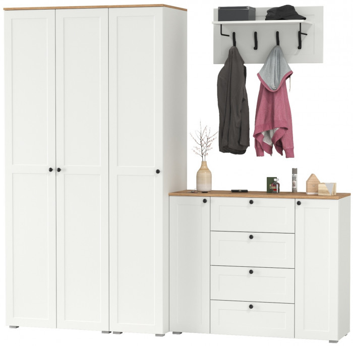 Остин Прихожая 39, цвет белый шагрень/дуб крафт золотой, ШхГхВ 240х54,3х229,6 см., универсальная сборка