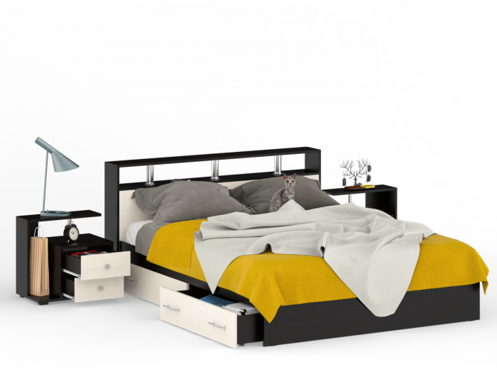 Камелия Кровать с ящиками 1600 + две тумбы, венге/дуб лоредо