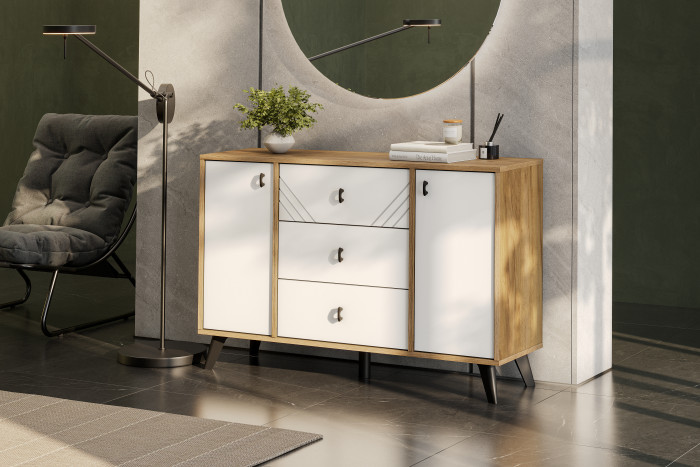 Комод 3 ящика двухстворчатый Байкал, Дуб Золотой, Белый матовый