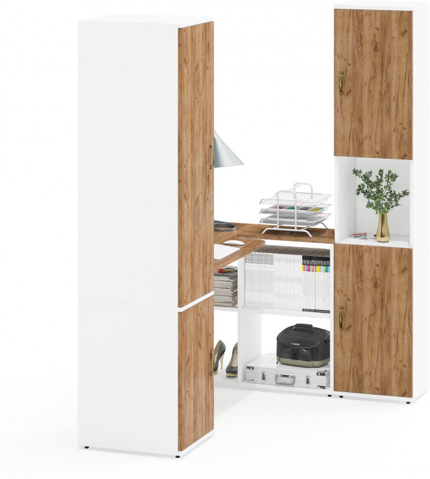 Лидер-8 Пенал МД 23Б + Стол + Пенал, цвет белый шагрень/крафт золото, ШхГхВ 245х50/30х75/190 или 155х120/50х75/190 см., НЕ универсальная сборка