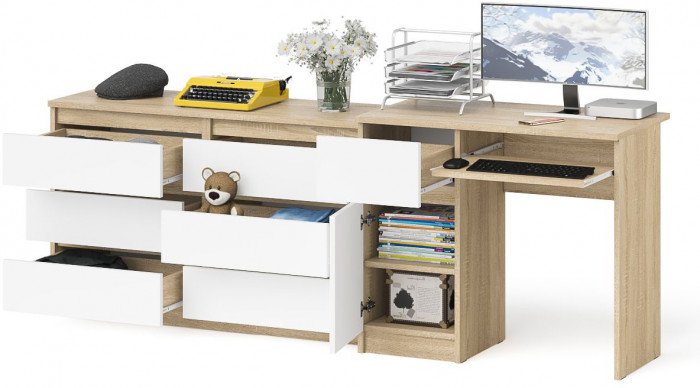 Мори Стол компьютерный МС-1 левый + Комод МК1200.6, цвет дуб сонома/белый, ШхГхВ 210,4х50х76,6 см., выдвижной ящик слева, НЕ универсальная сборка
