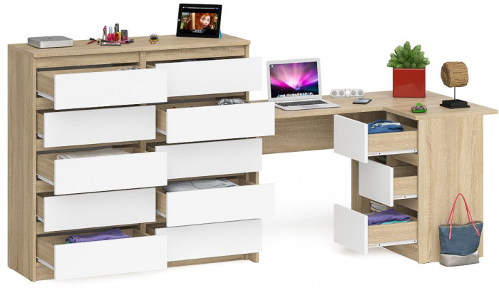Мори Стол компьютерный МС-16 правый + Комод МК1200.10, цвет дуб сонома/белый, ШхГхВ 244,8х84,9х115 см., выдвижные ящики справа, НЕ универс. сборка