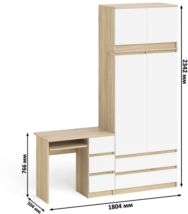 Мори Стол компьютерный МС-6 правый + Шкаф МШ900.1 + Антресоль МА900.1, цвет дуб сонома/белый, ШхГхВ 180,4х50,4х234,2 см., выд. ящ. справа, НЕ ун. сб.
