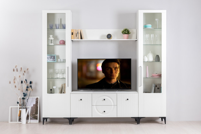 Валенсия Гостиная 13.218 Шкаф-пенал, цвет ЛДСП белый шагрень/МДФ белый шагрень, ШхГхВ 55х38,1х225,2 см., универсальная сборка